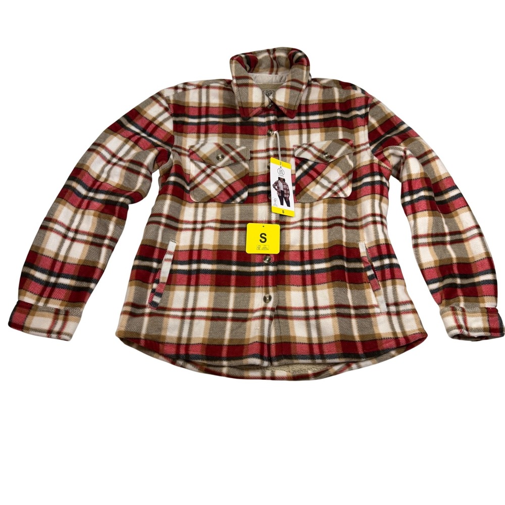 Sage Collective Plaid Faux Fur Lined Shacket Red Tan Fleece Jacket Small 1535379